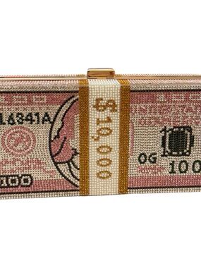 Embellished Pink Crystal Money-Print Evening Clutch